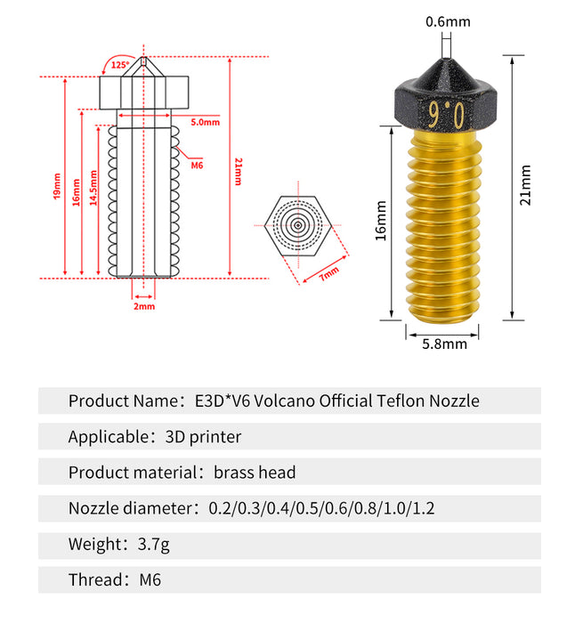 15PCS Mixed Size 3D Printer Parts Brass Nozzles MK8/Volcano/E3D Nozzle Head Plated PTFE 0.2-1.0mm 1.75mm for A8 A8Plus ET4 ET5 CR6 SE Ender3 KP3S CR10